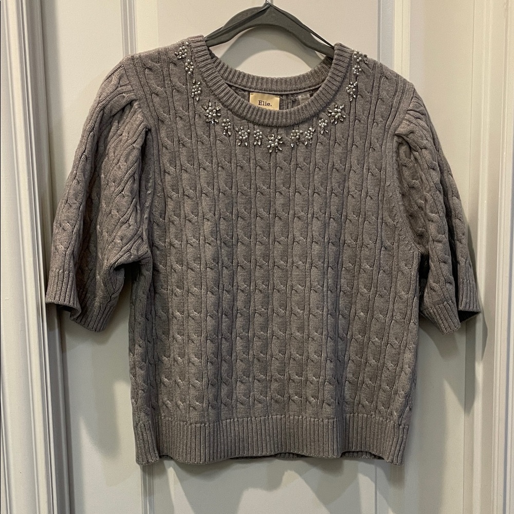 Elie. - Elie Tahari Gray Cable Knit Sweater with Embellished Neckline